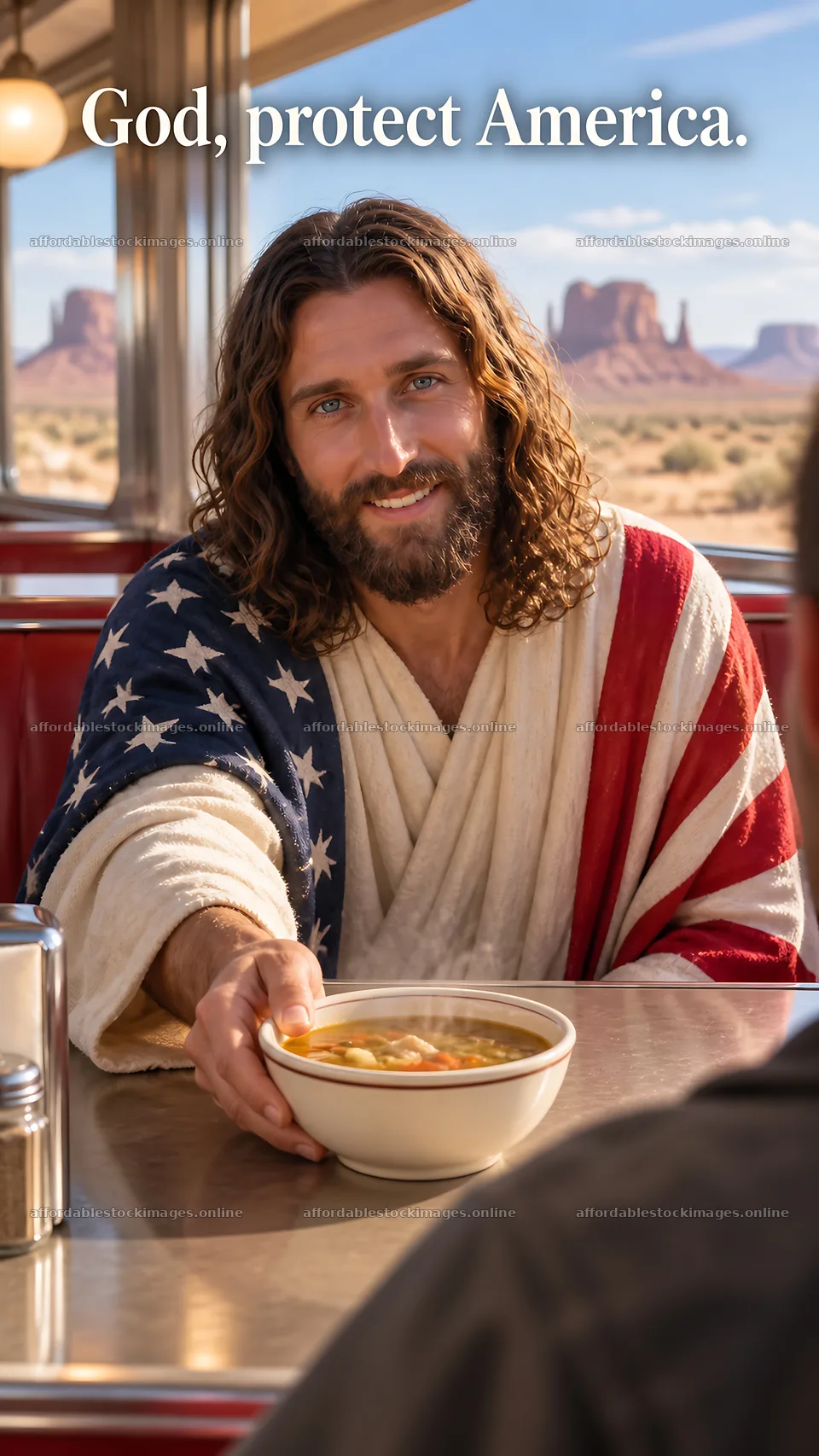 Jesus Christ sharing a meal in a diner setting – stock images 5811x10326