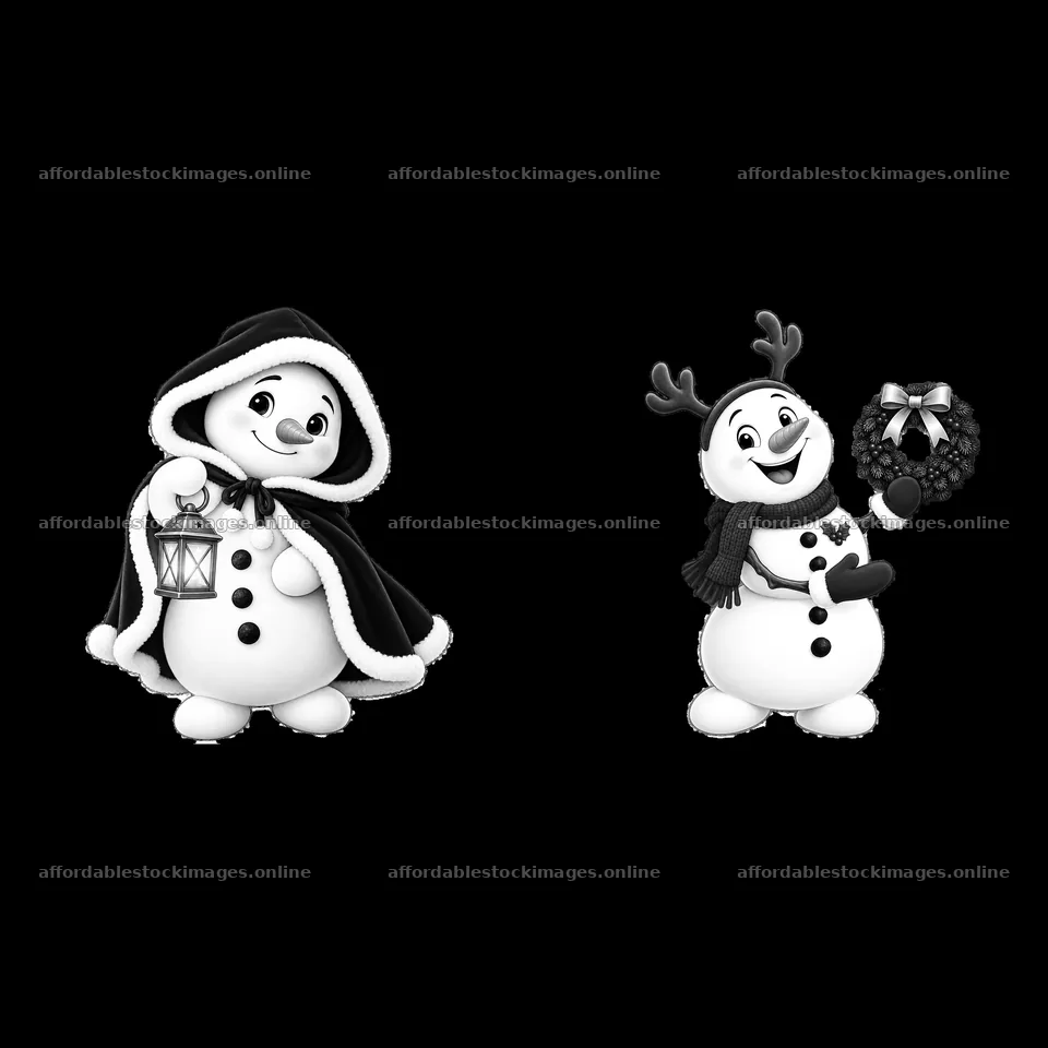 Snowman with lantern and snowman holding wreath in winter scene – stock images 7746x7746