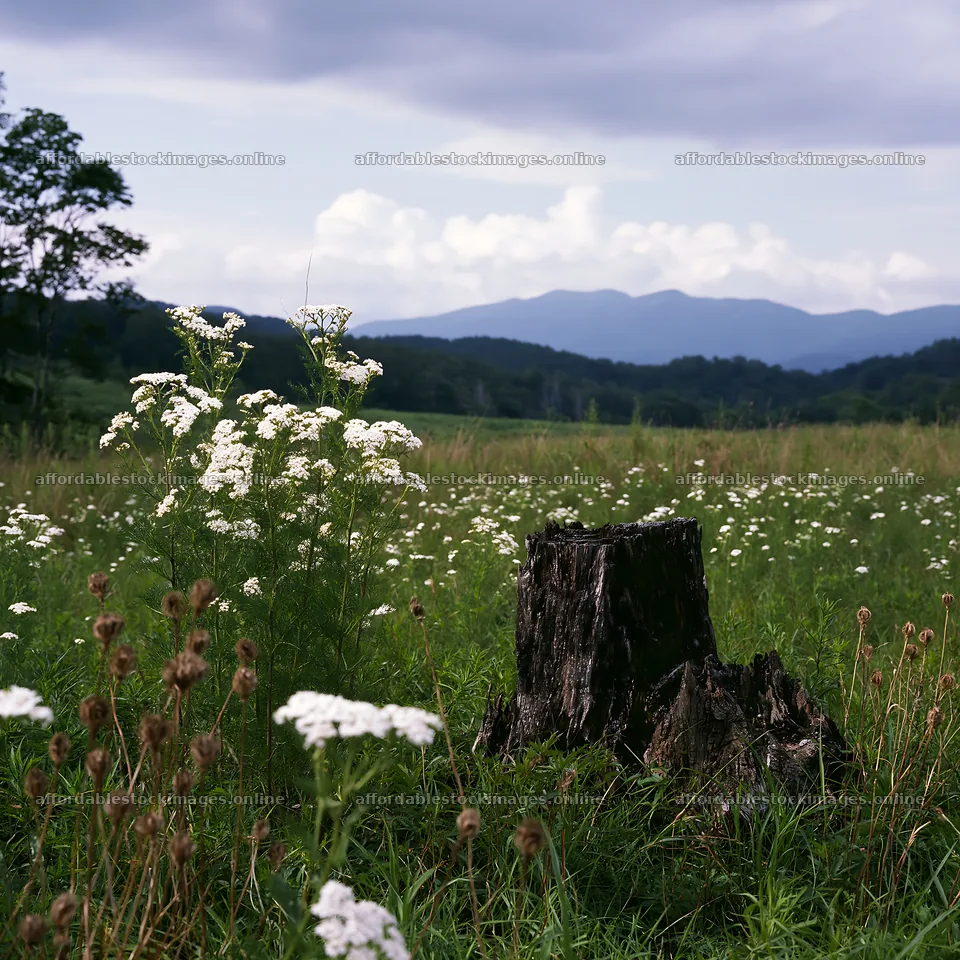 Fukushima native meadow with weathered stump and flowers – stock images 7938x7938