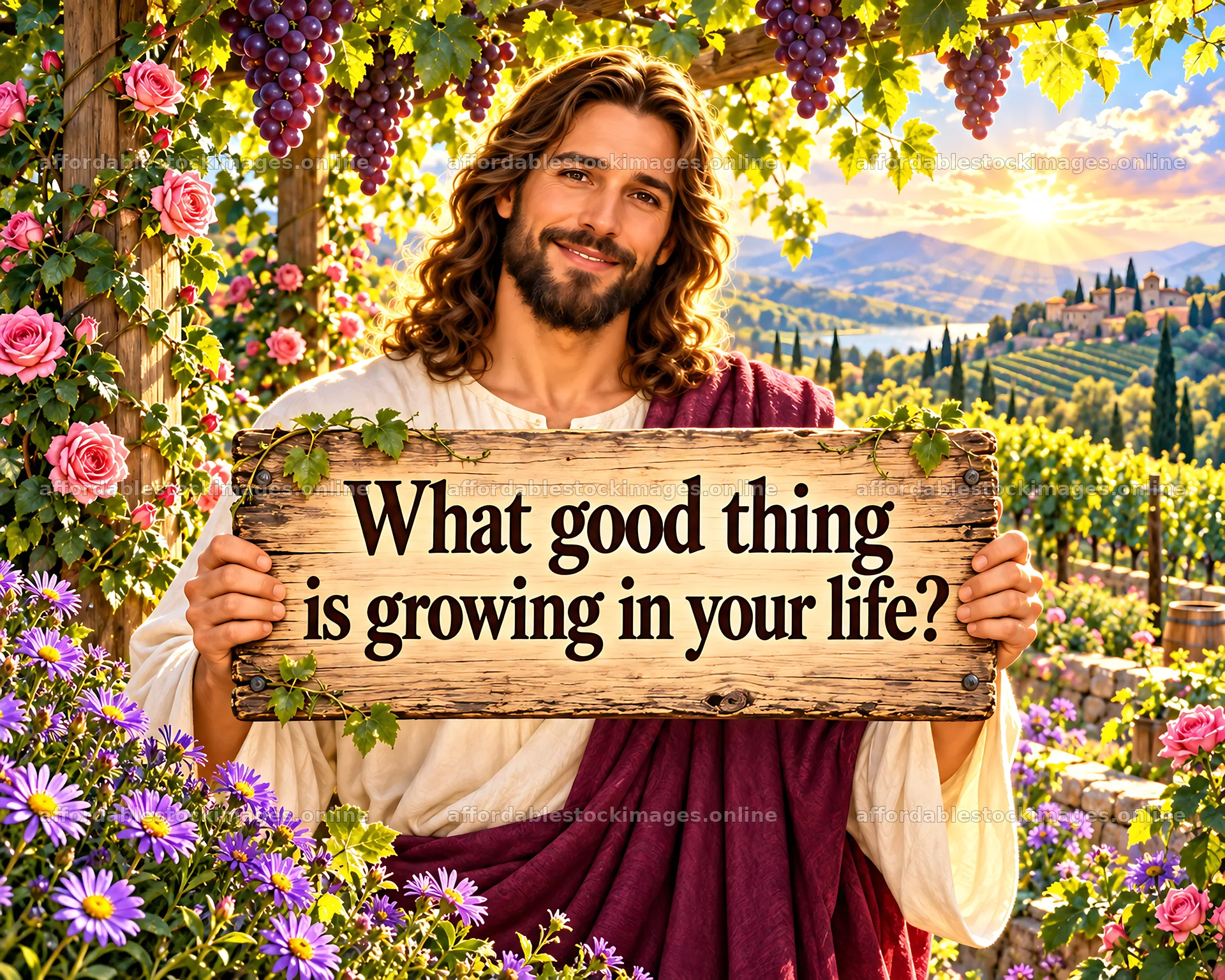 Jesus Christ holding a sign asking about growth in your life – stock images 8659x6930