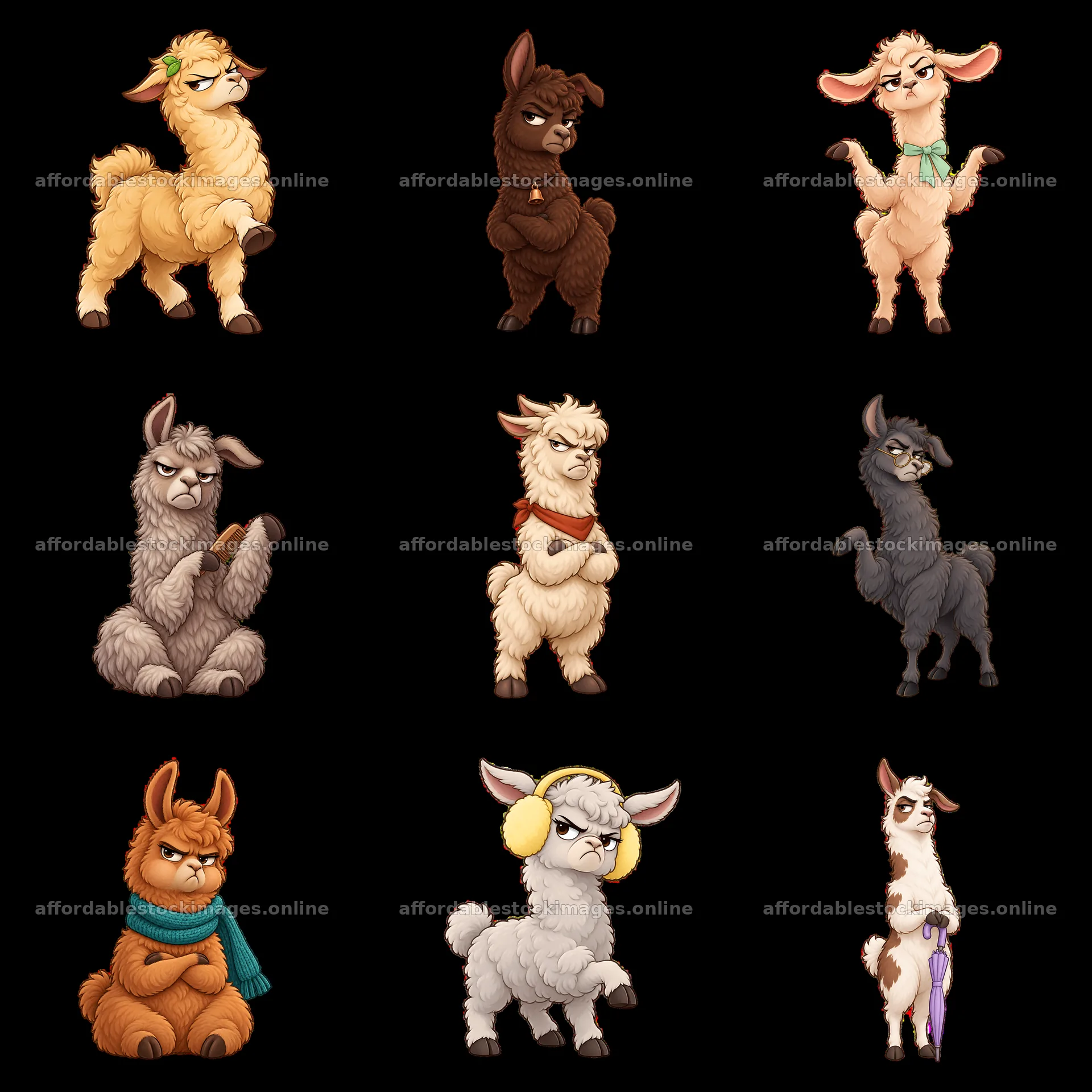 Grumpy llamas in various poses with distinct expressions – stock images 7746x7746