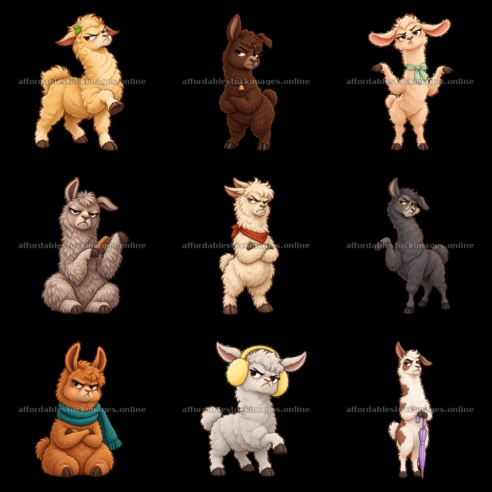 Grumpy llamas in various poses with distinct expressions – stock images 7746x7746