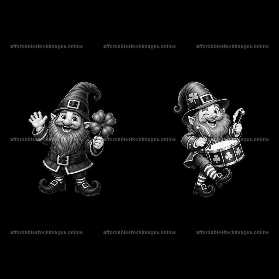 St. Patrick's Day gnomes holding a clover and drumming – stock images 7746x7746