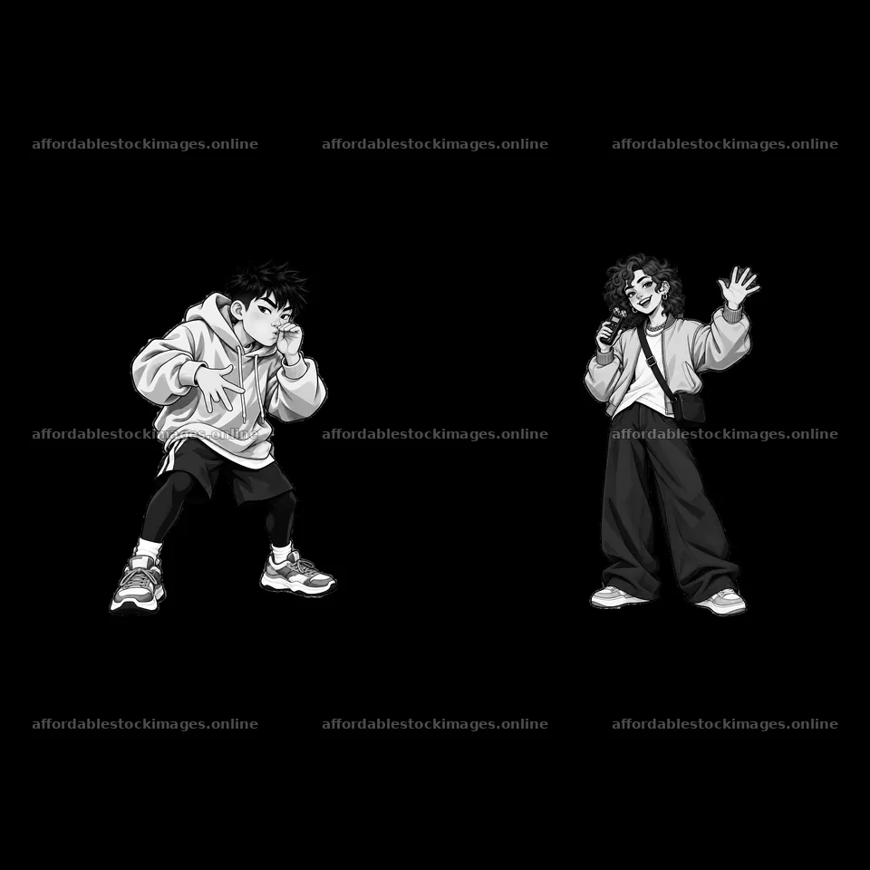 Hip-hop artists performing in monochrome illustration – stock images 7746x7746
