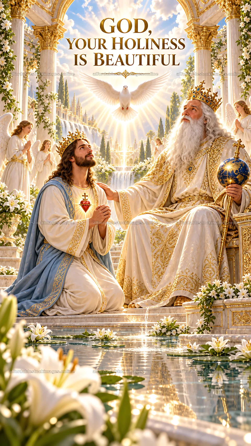Jesus Christ kneeling in prayer before God in a heavenly setting – stock images 5811x10326
