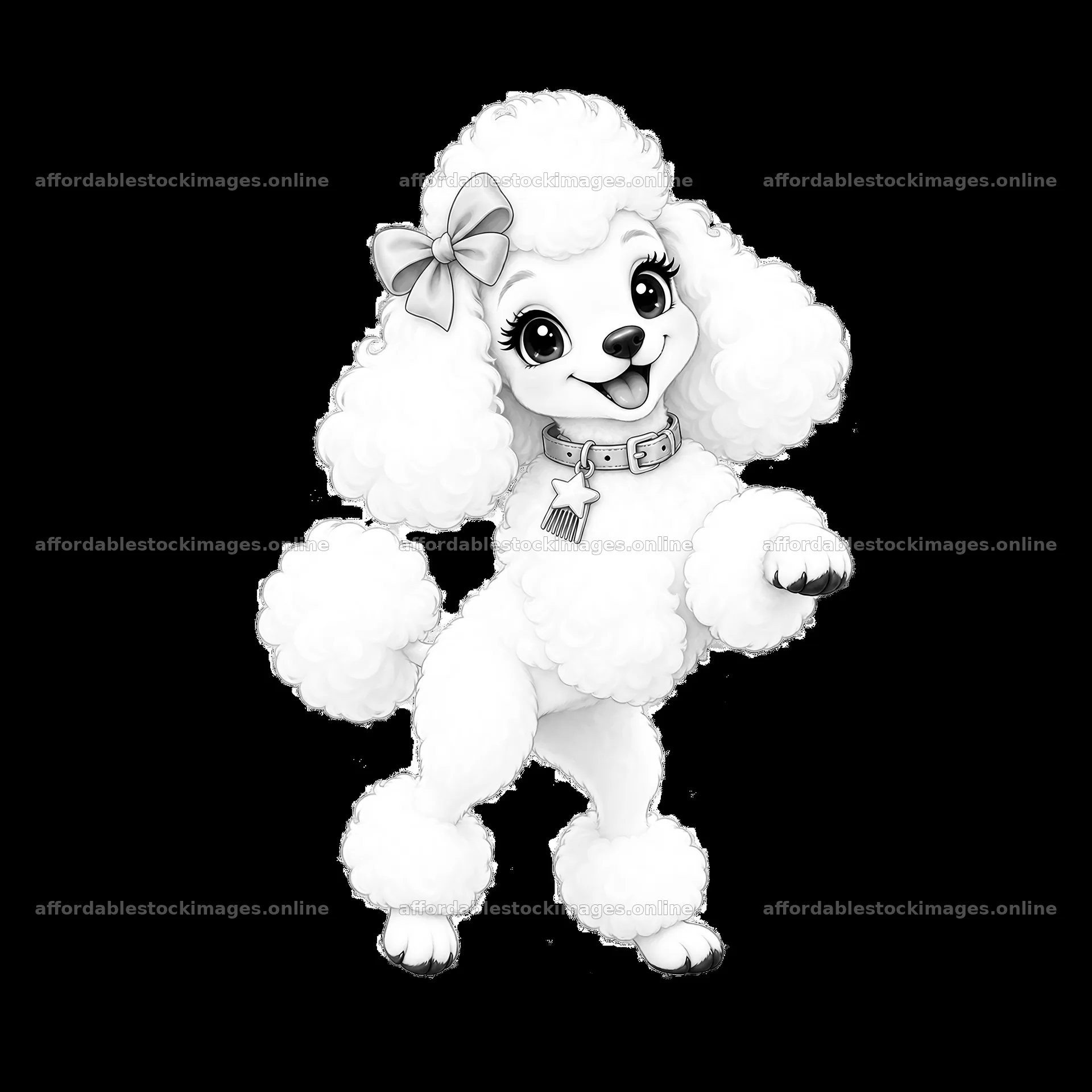 Cute poodle dog with bow and collar posing on hind legs – stock images 7746x7746