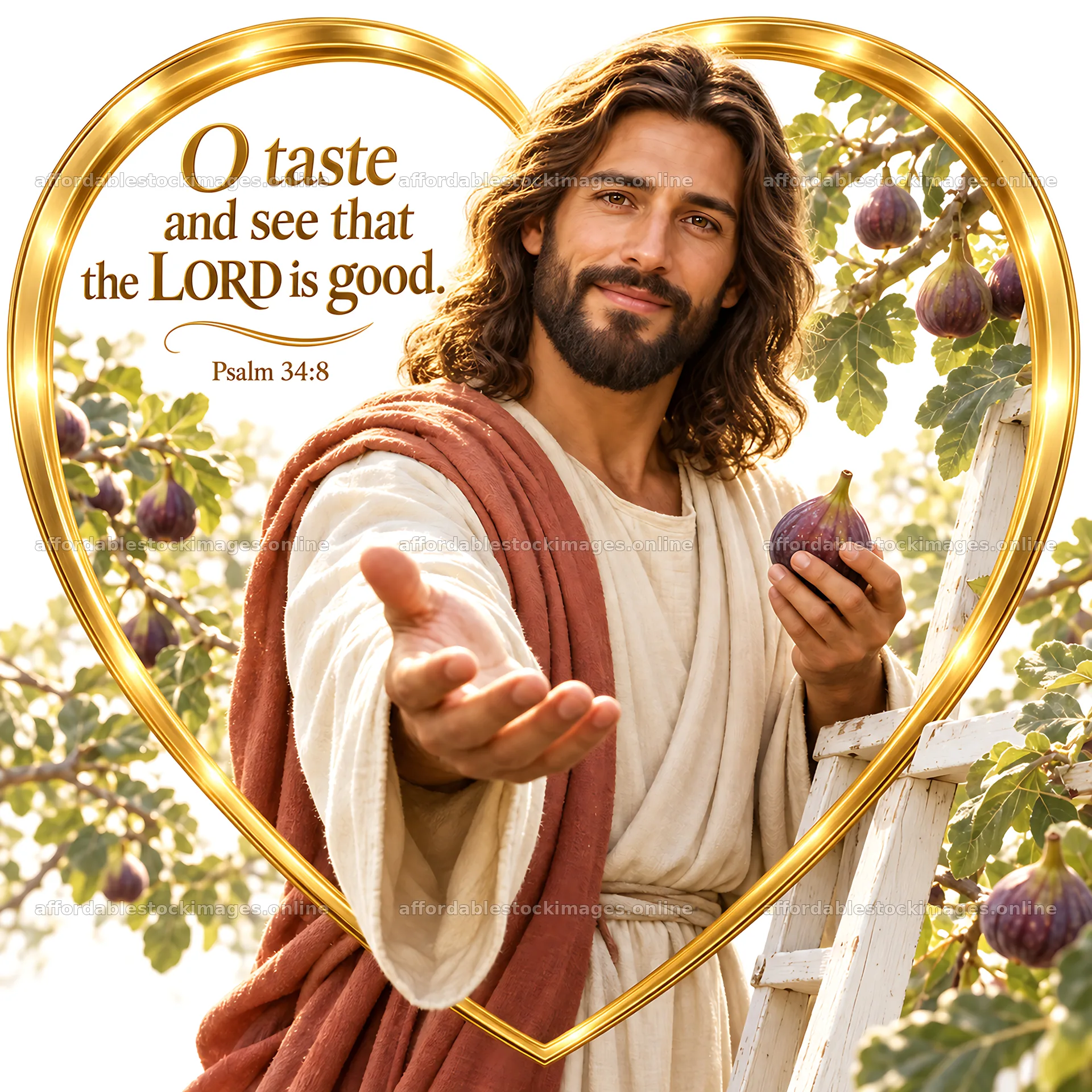 Jesus Christ welcomes viewers with open hands and figs – stock images 7746x7746