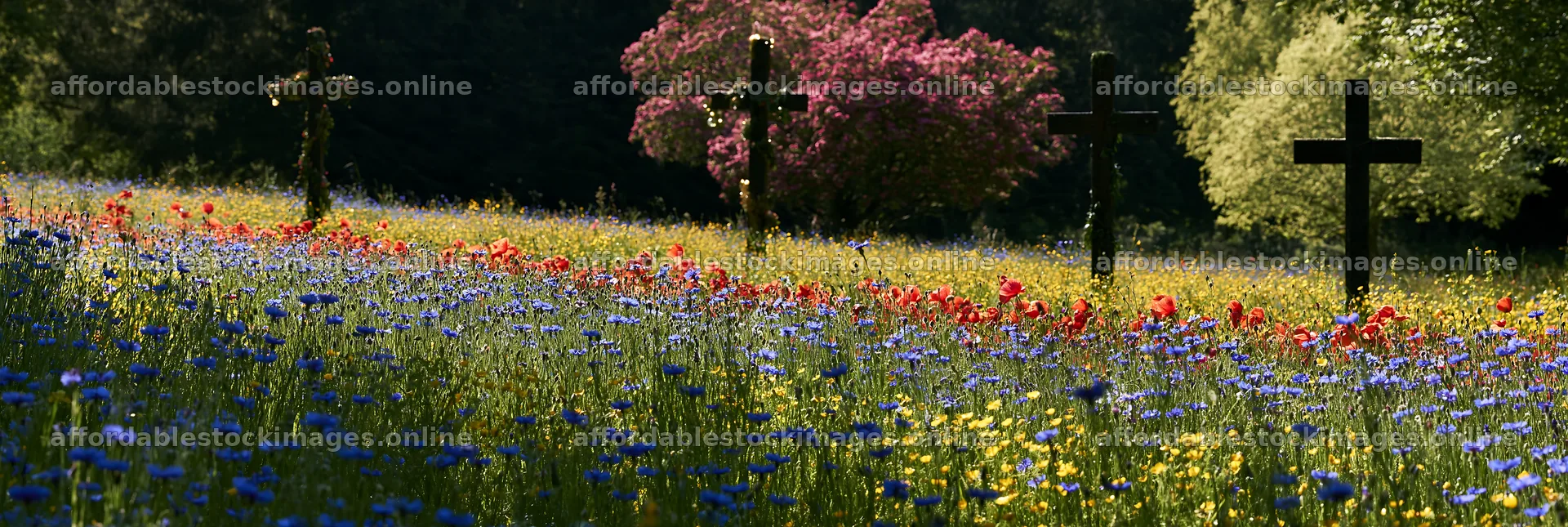 Four Christian crosses in a meadow with flowers – stock images 13690x4602