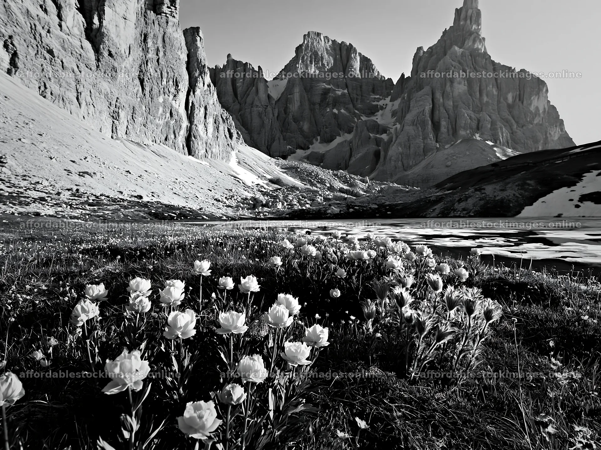 Frozen tarn meadow with flowers and mountains in daylight – stock images 9174x6866
