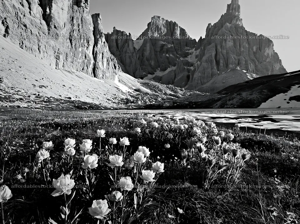 Frozen tarn meadow with flowers and mountains in daylight – stock images 9174x6866