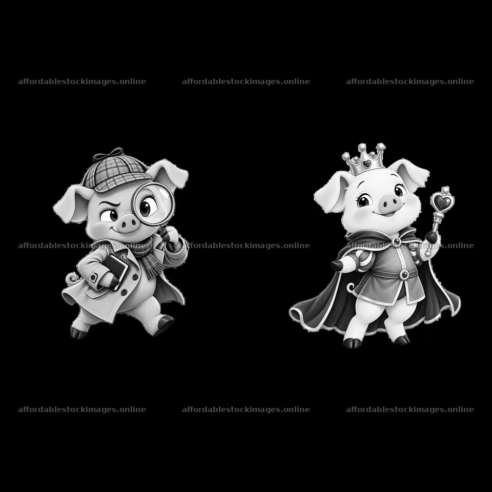 Detective pig and royal pig cartoon sticker pair – stock images 7746x7746