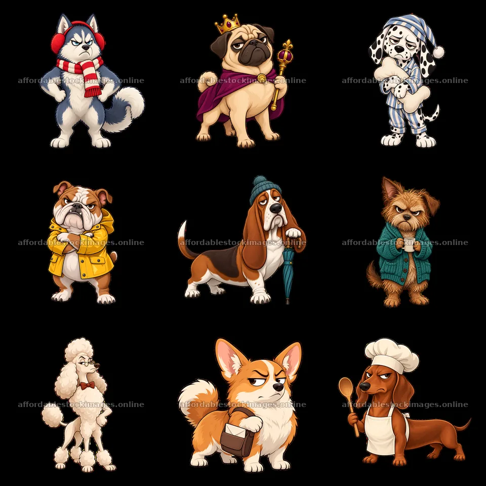 Grumpy dog characters in diverse costumes and poses – stock images 7746x7746