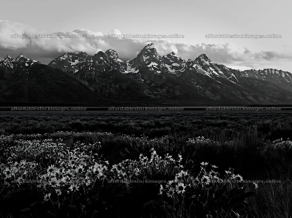 Meadow with flowers and craggy mountains in black and white – stock images 9174x6866