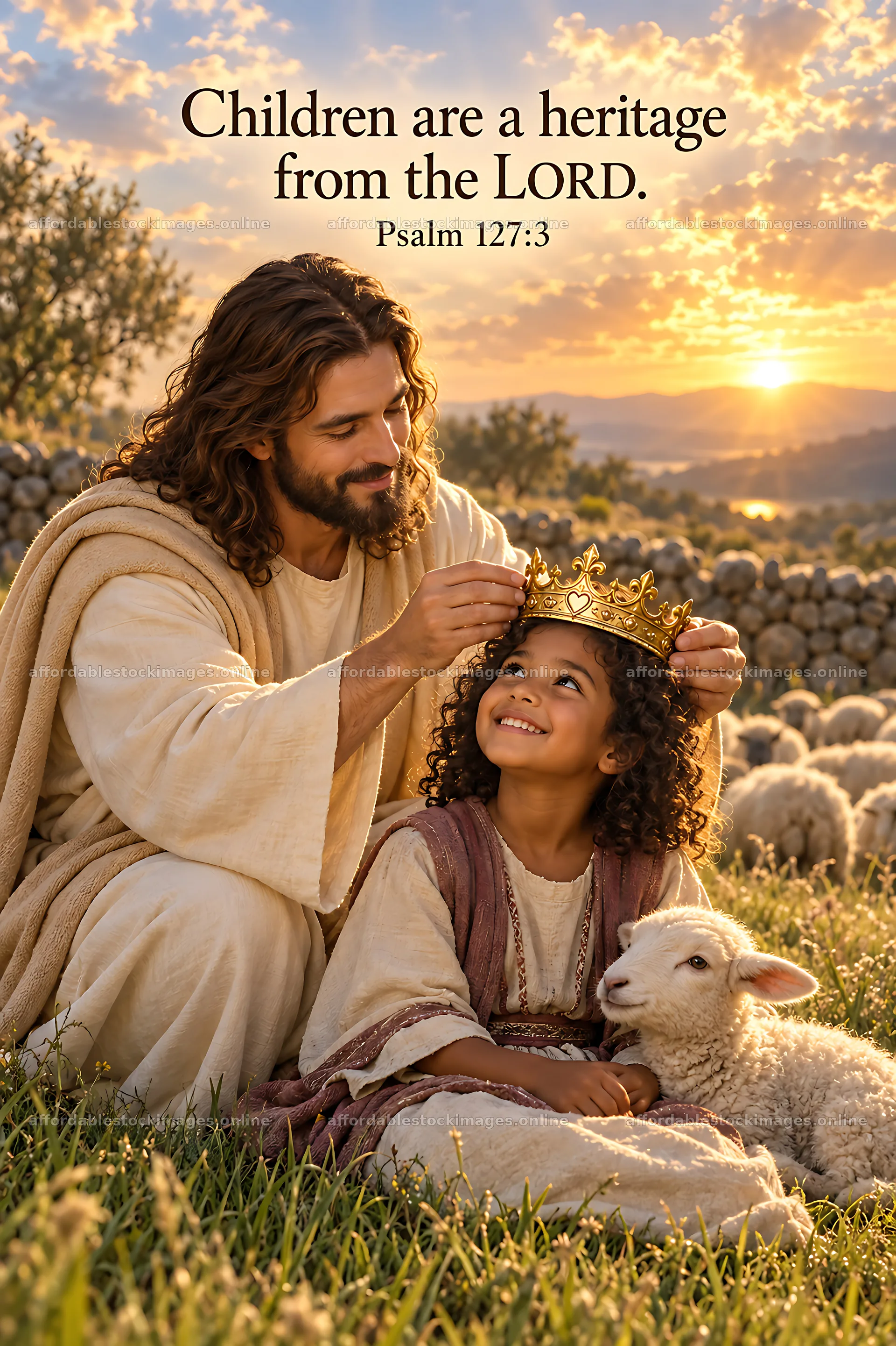 Shepherd with child and sheep at sunset in a pastoral setting – stock images 6480x9722