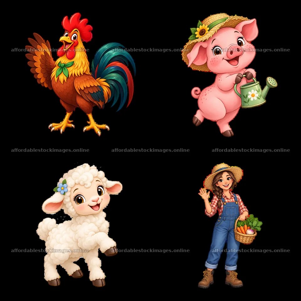 Farm animals and girl holding vegetables in a square layout – stock images 7746x7746