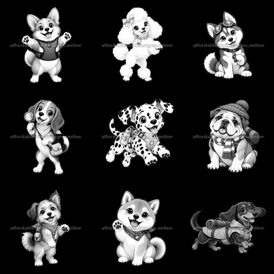 Cute cartoon K-9 dog stickers in a 3x3 grid layout – stock images 7746x7746