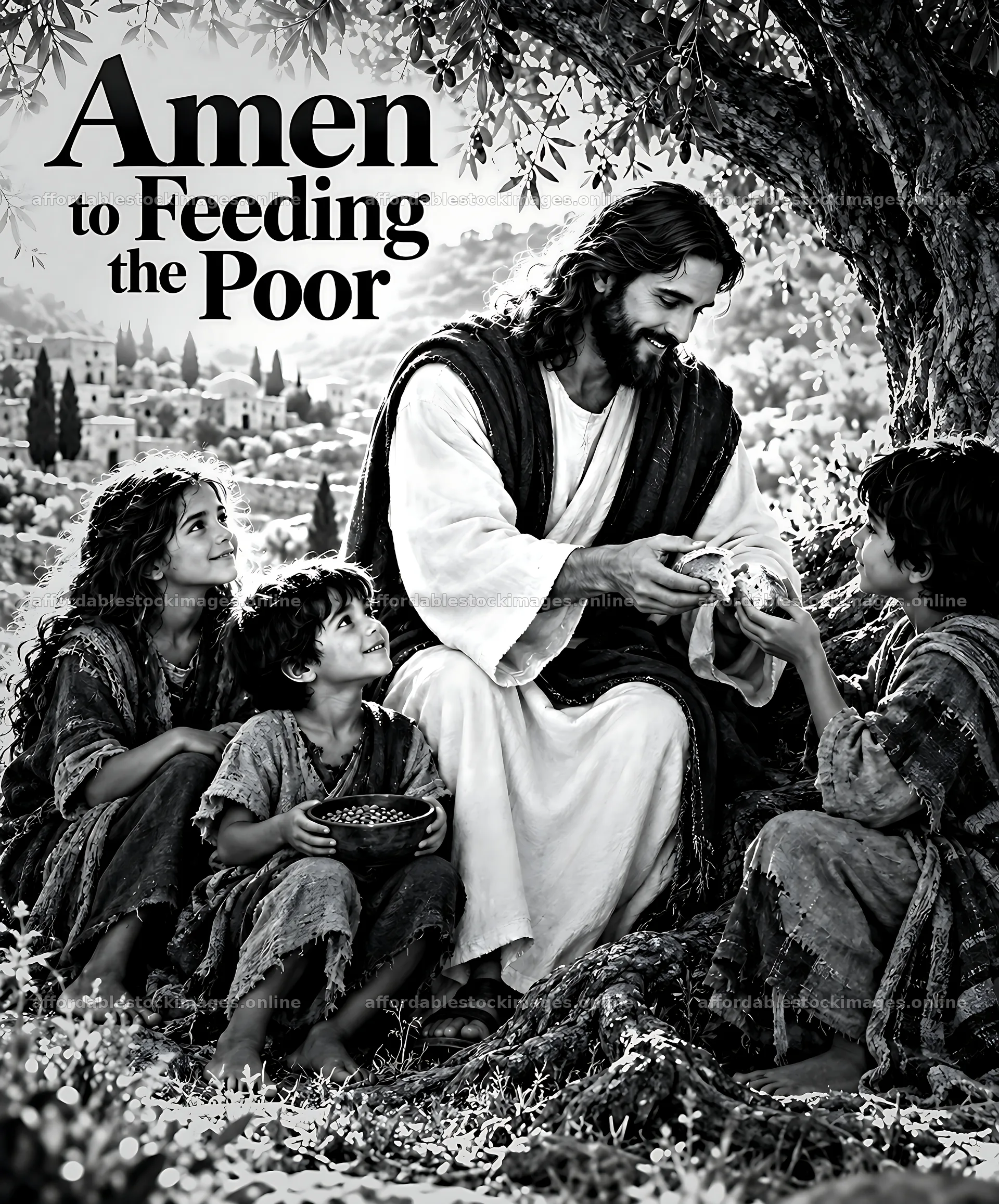 Jesus sharing food with children beneath an olive tree – stock images 7228x8716