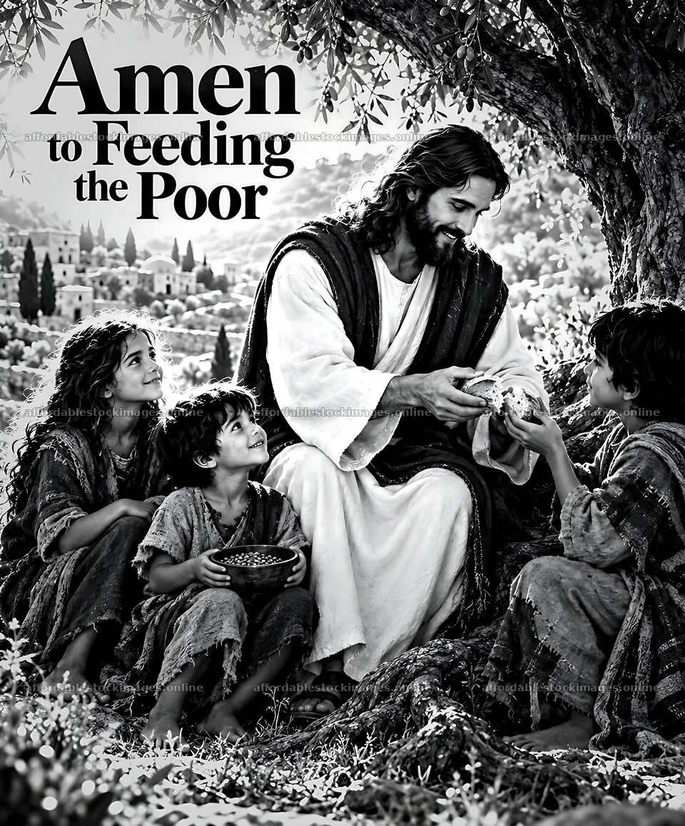 Jesus sharing food with children beneath an olive tree – stock images 7228x8716