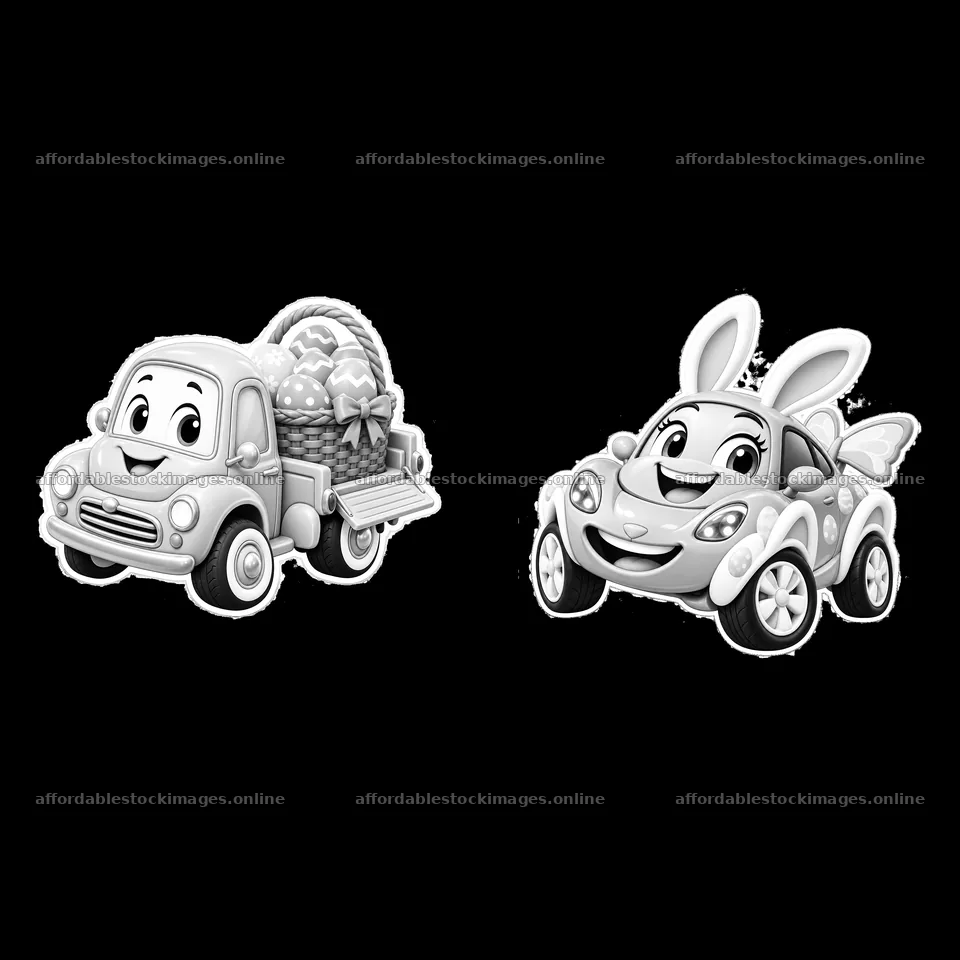 Easter-themed cars with baskets and bunny ears in black and – stock images 7746x7746