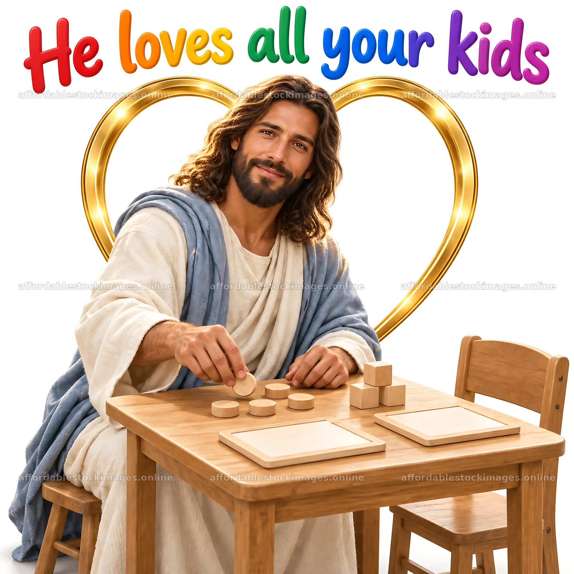 Jesus Christ shares joy with children at a table – stock images 7746x7746