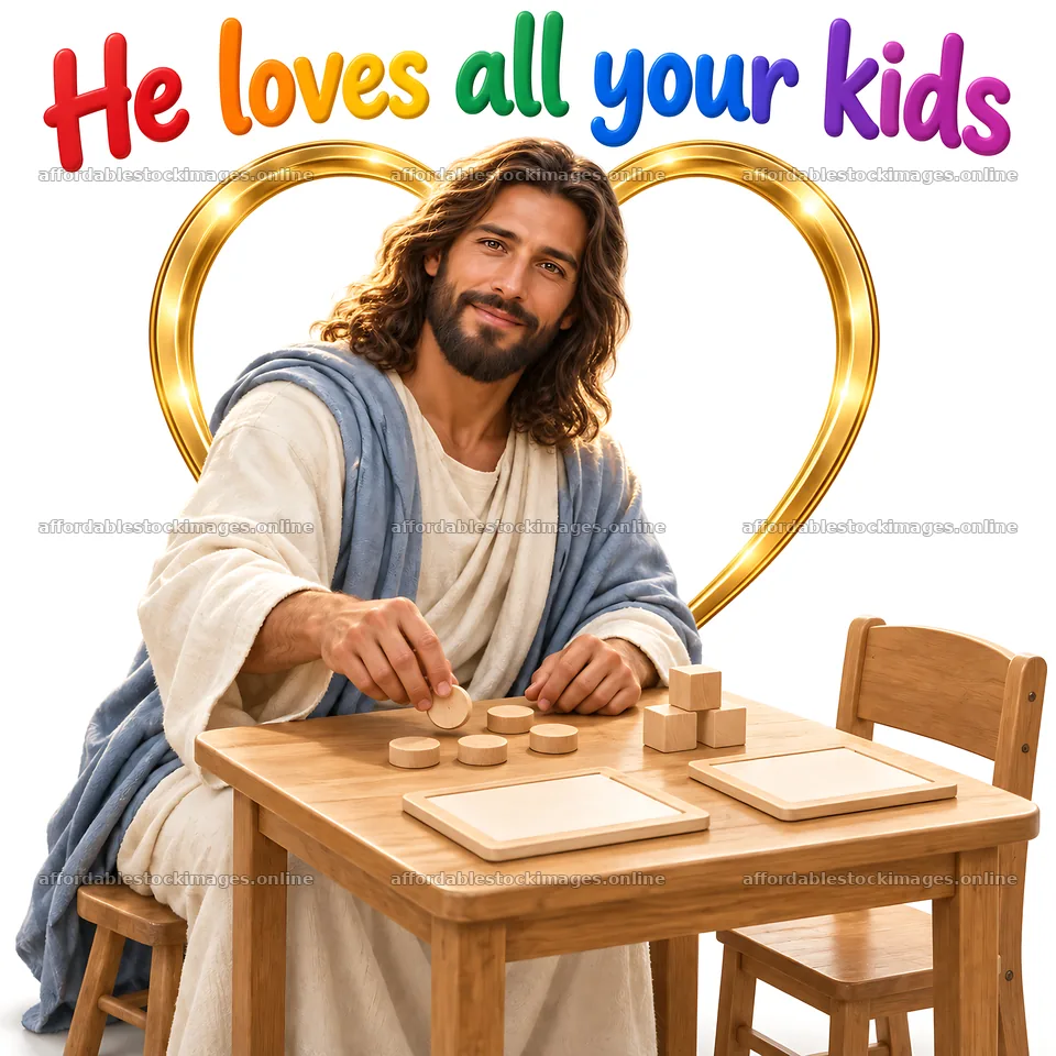 Jesus Christ shares joy with children at a table – stock images 7746x7746