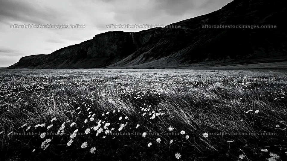 Flowering meadow with mountain view and waterfall in distance – stock images 10608x5938