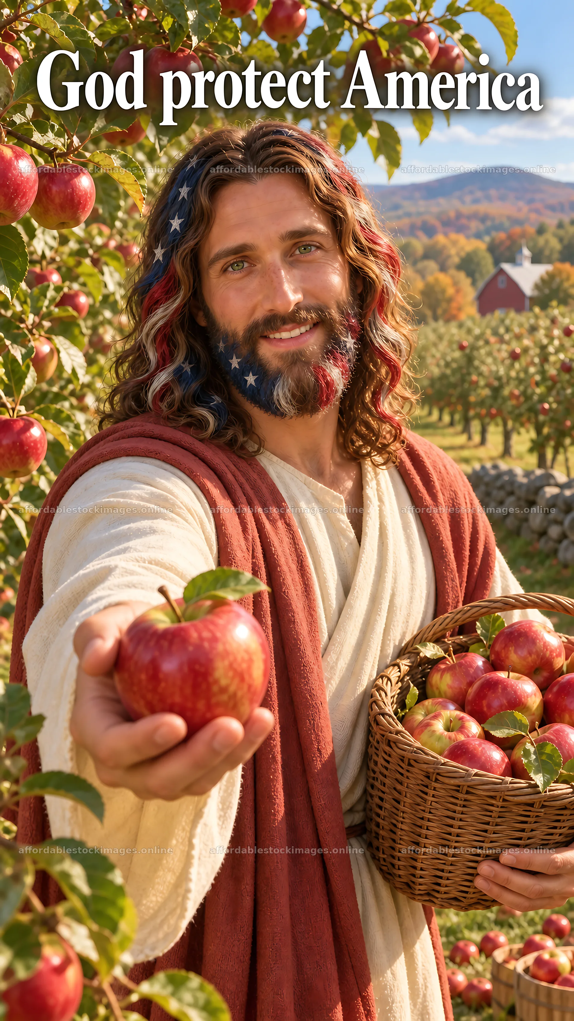 Jesus Christ offers an apple in an orchard scene – stock images 5811x10326