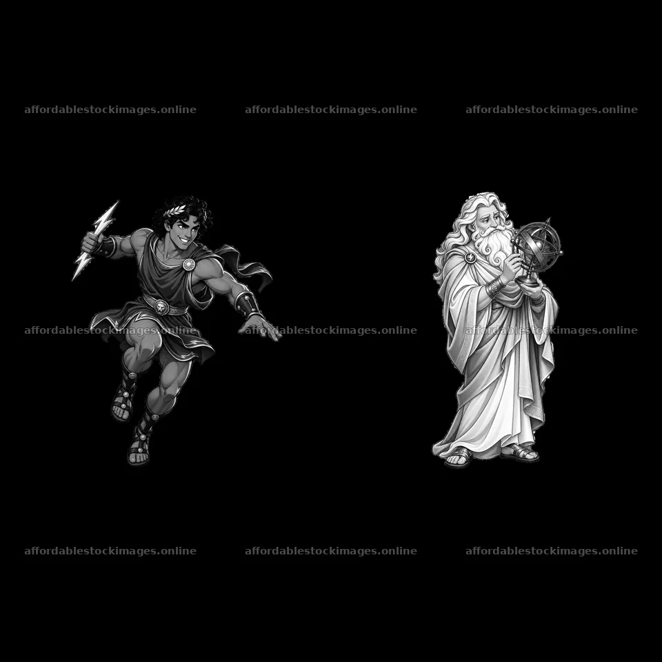 Zeus and Hercules cartoon sticker illustration in black and – stock images 7746x7746