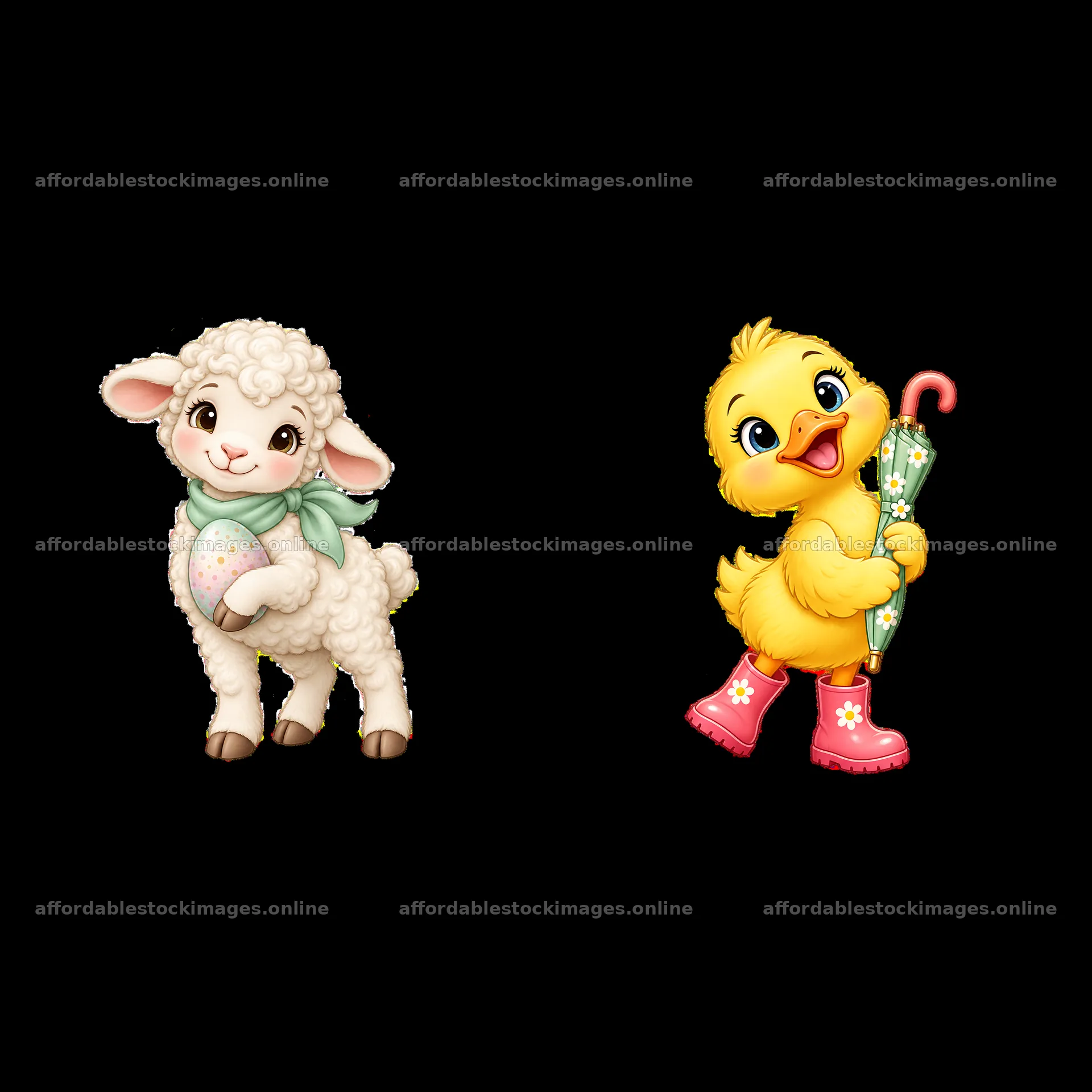 Cartoon lamb and duck celebrating Easter in a meadow setting – stock images 7746x7746