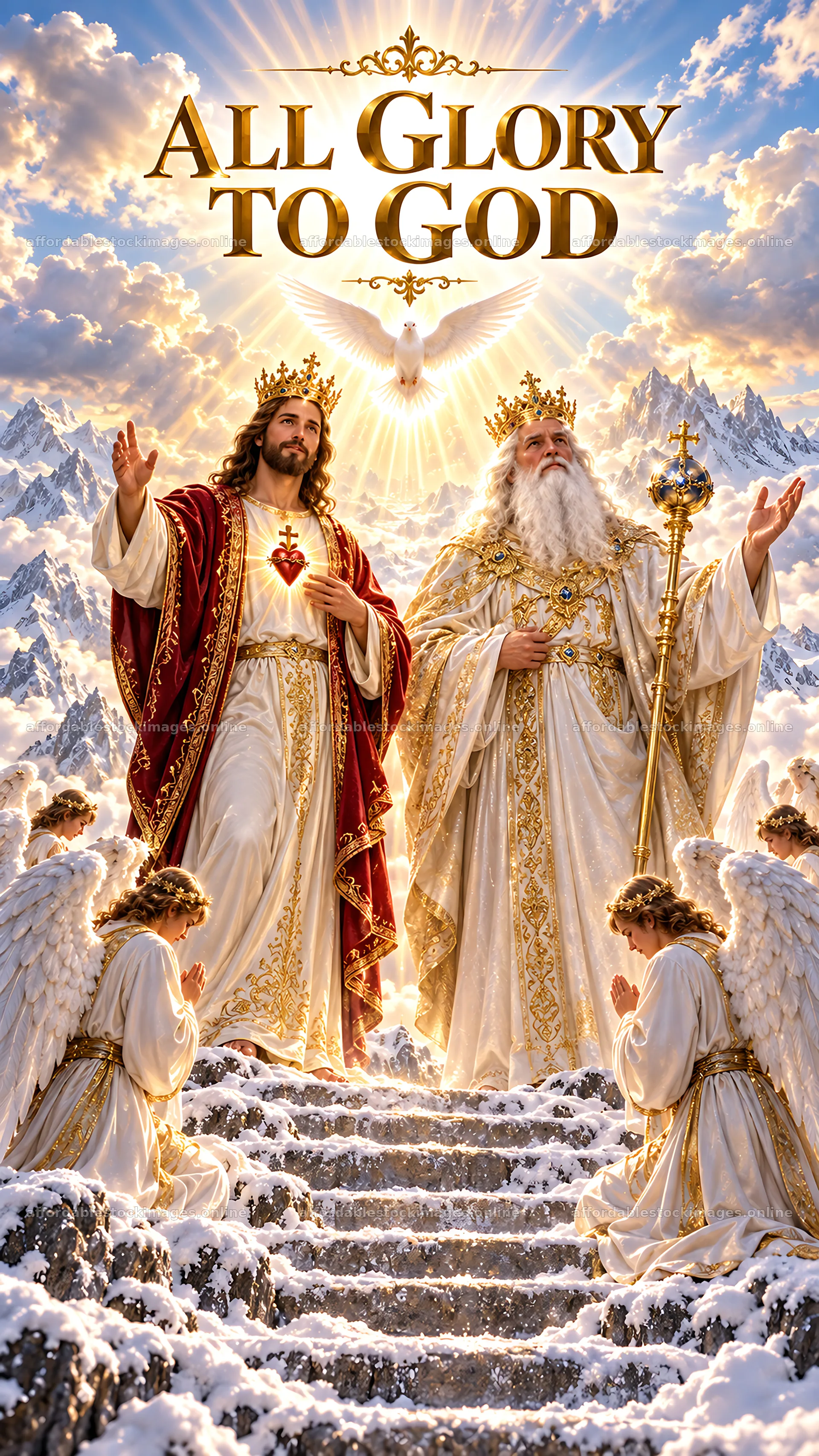 Jesus Christ and God the Father on a mountain with angels – stock images 5811x10326