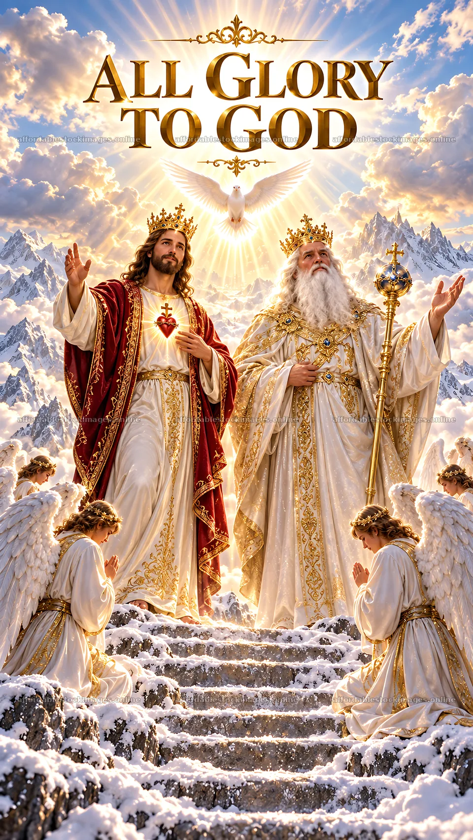 Jesus Christ and God the Father on a mountain with angels – stock images 5811x10326
