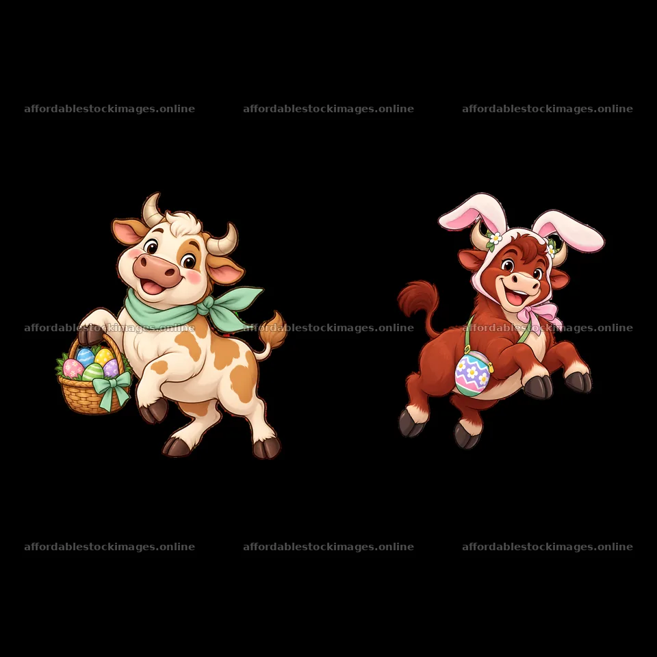 Easter-themed cartoon ox characters with colorful accessories – stock images 7746x7746
