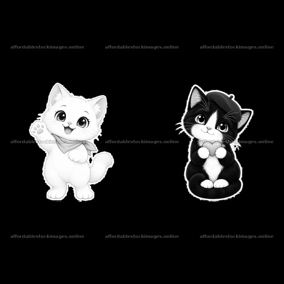 Kawaii cat duo waving and holding paws – stock images 7746x7746