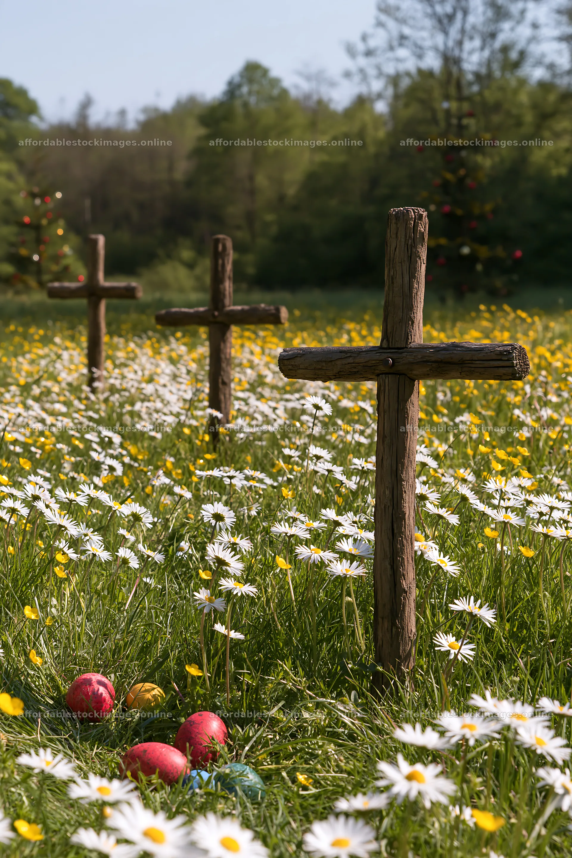 Three Christian crosses in a meadow with flowers and eggs – stock images 6480x9722