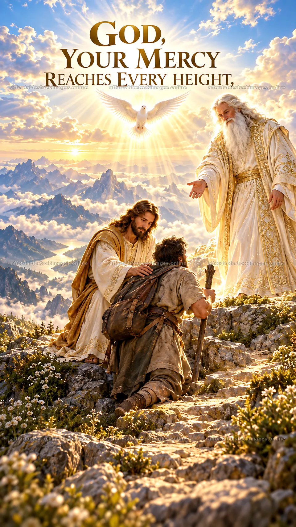 Jesus Christ offers comfort in a landscape of divine mercy – stock images 5811x10326