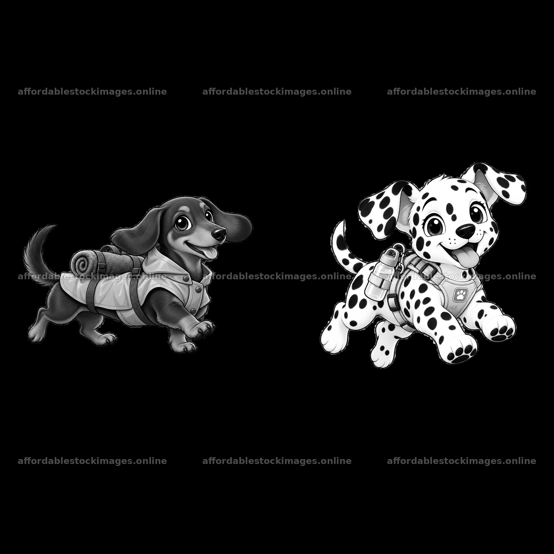 Cute K-9 dogs with backpacks exploring together – stock images 7746x7746