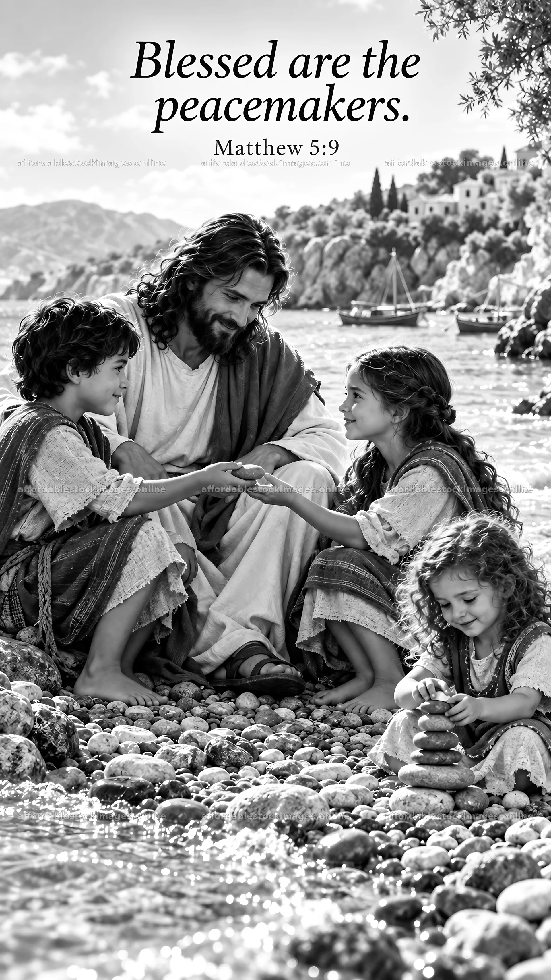 Jesus Christ teaches children by the water's edge – stock images 5811x10326