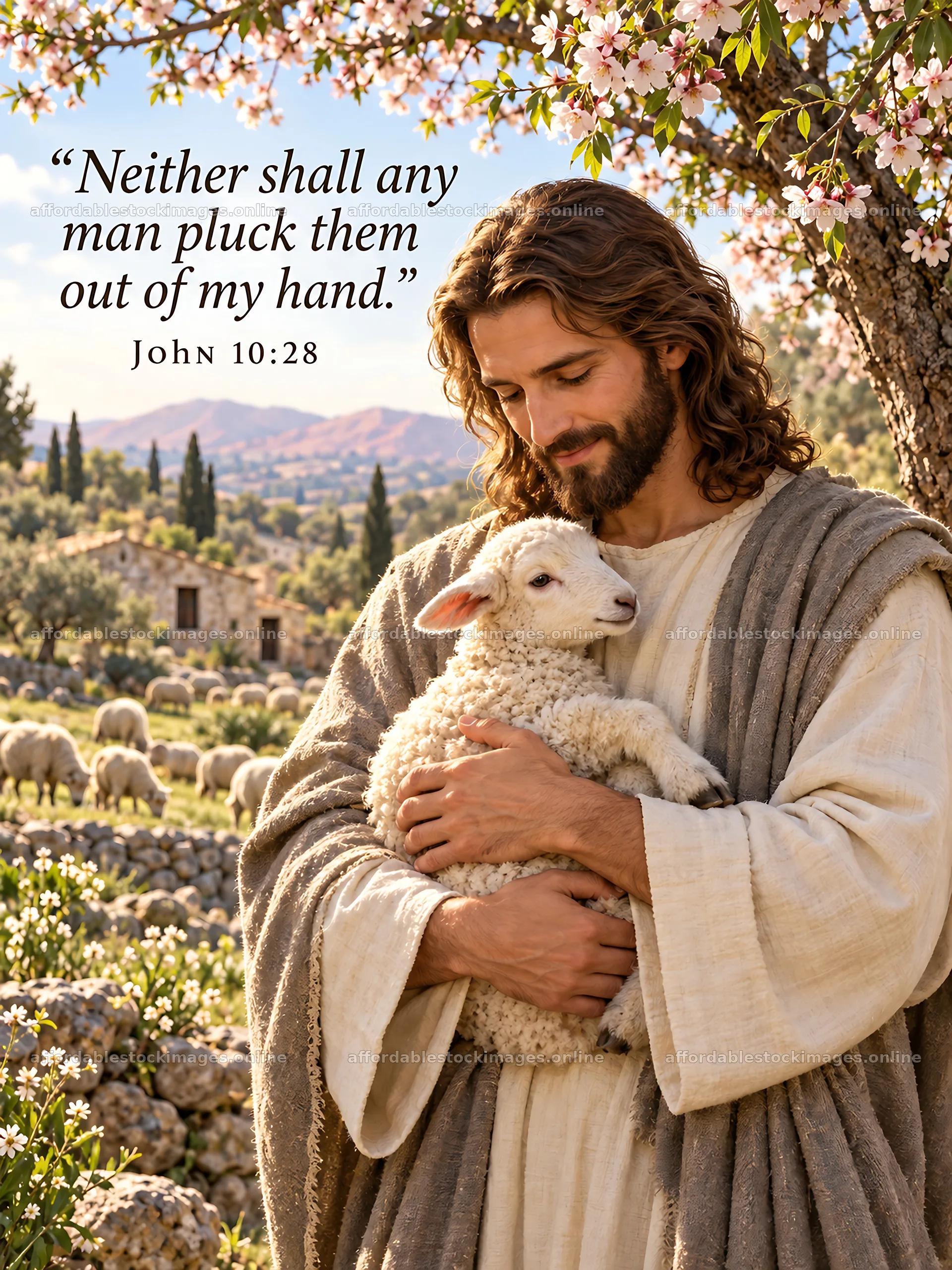 Jesus Christ holding a lamb in a green pasture – stock images 6708x8945