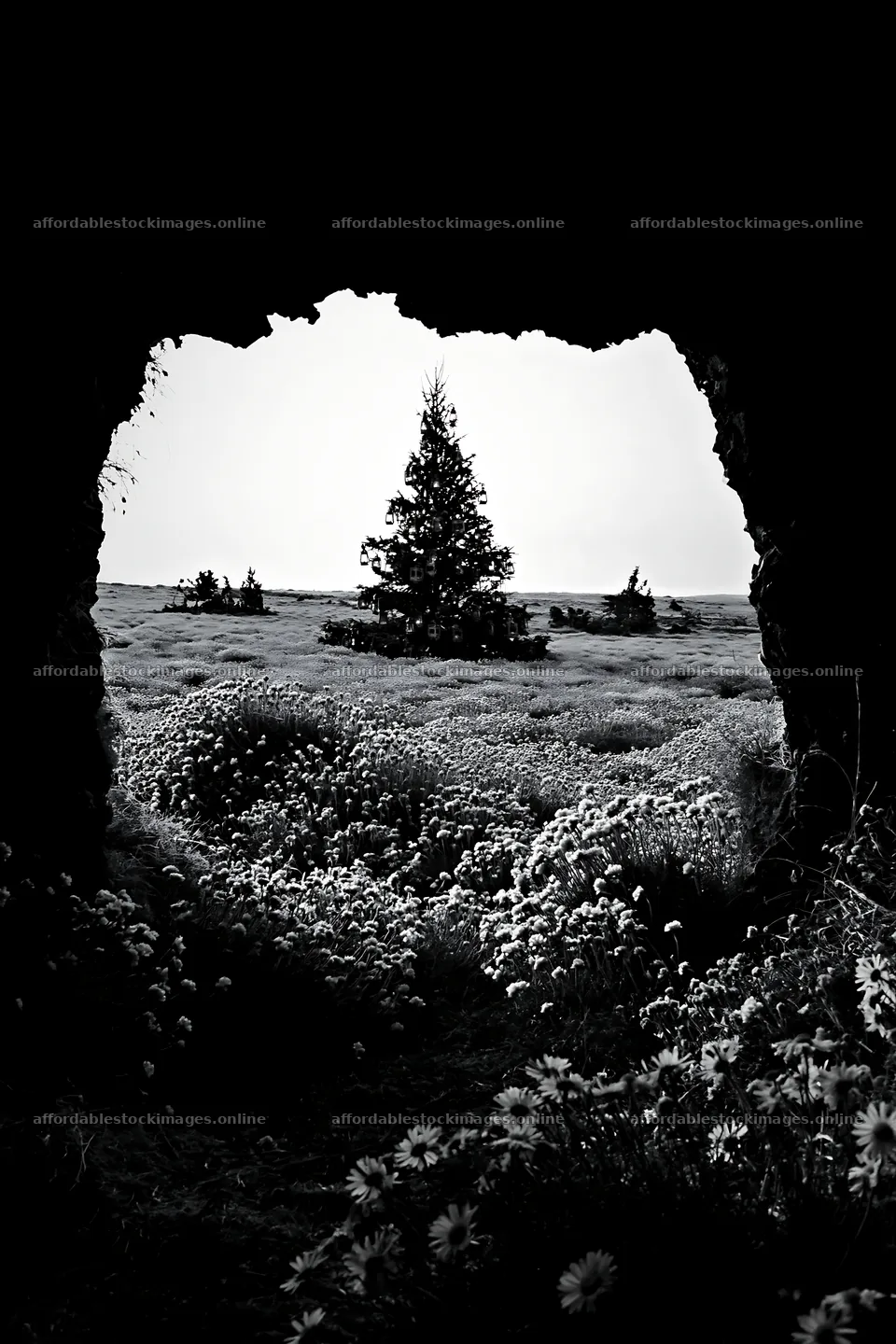 Christmas tree in meadow seen from cave – stock images 6480x9722