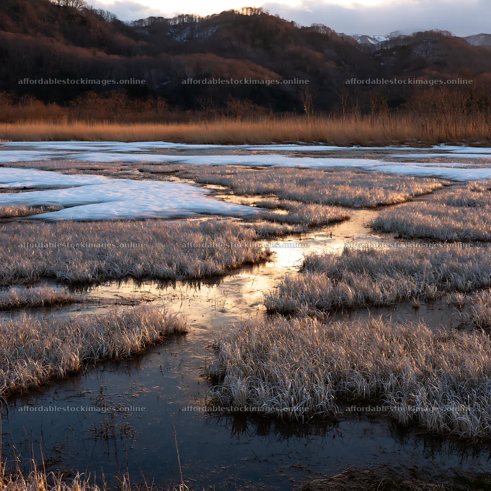 Snowmelt meadow with silver grasses in Akita at sunset – stock images 7938x7938