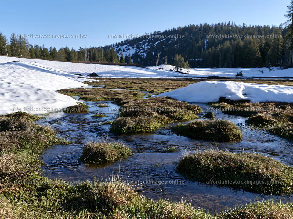 Snowmelt creating streams in a meadow surrounded by mountains – stock images 9174x6866