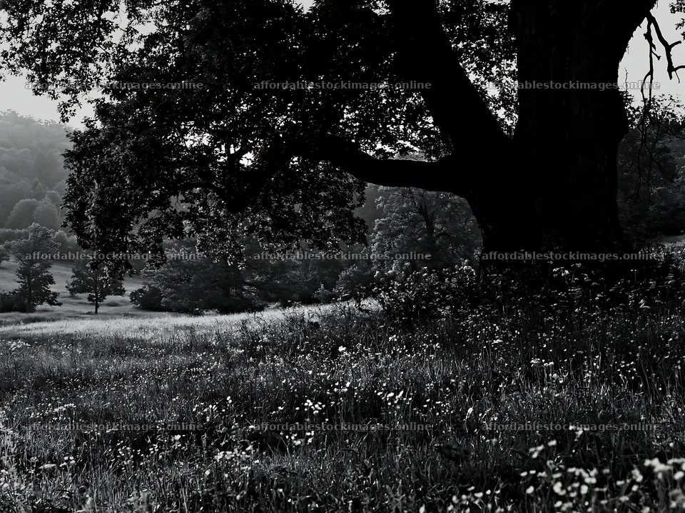 German foothill meadow with large tree and wildflowers – stock images 9174x6866