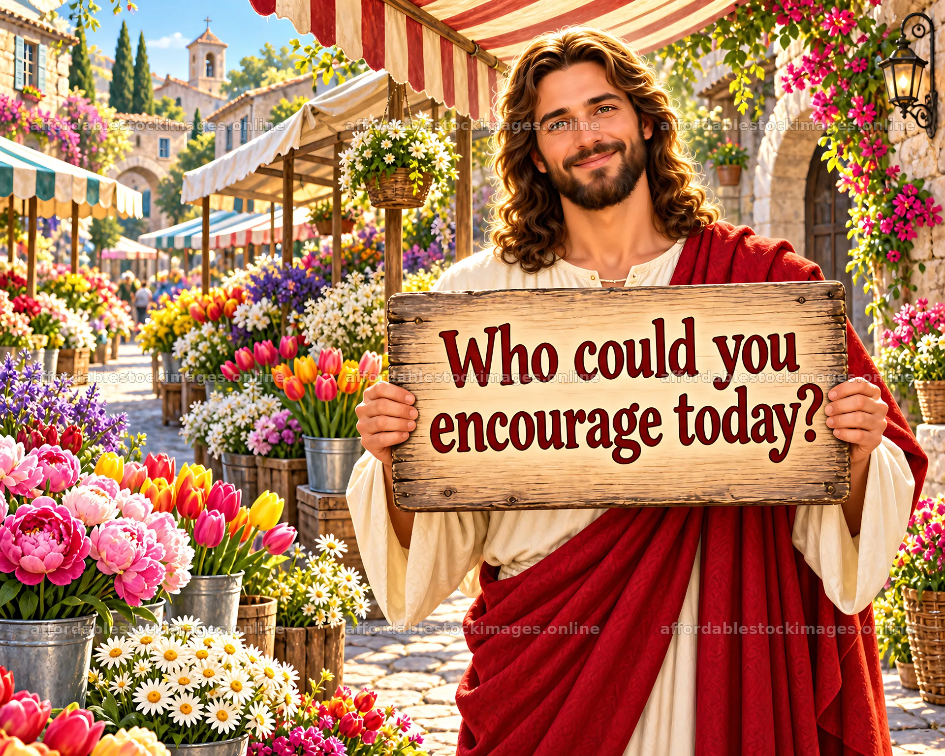 Jesus Christ encourages others in a vibrant flower market – stock images 8659x6930