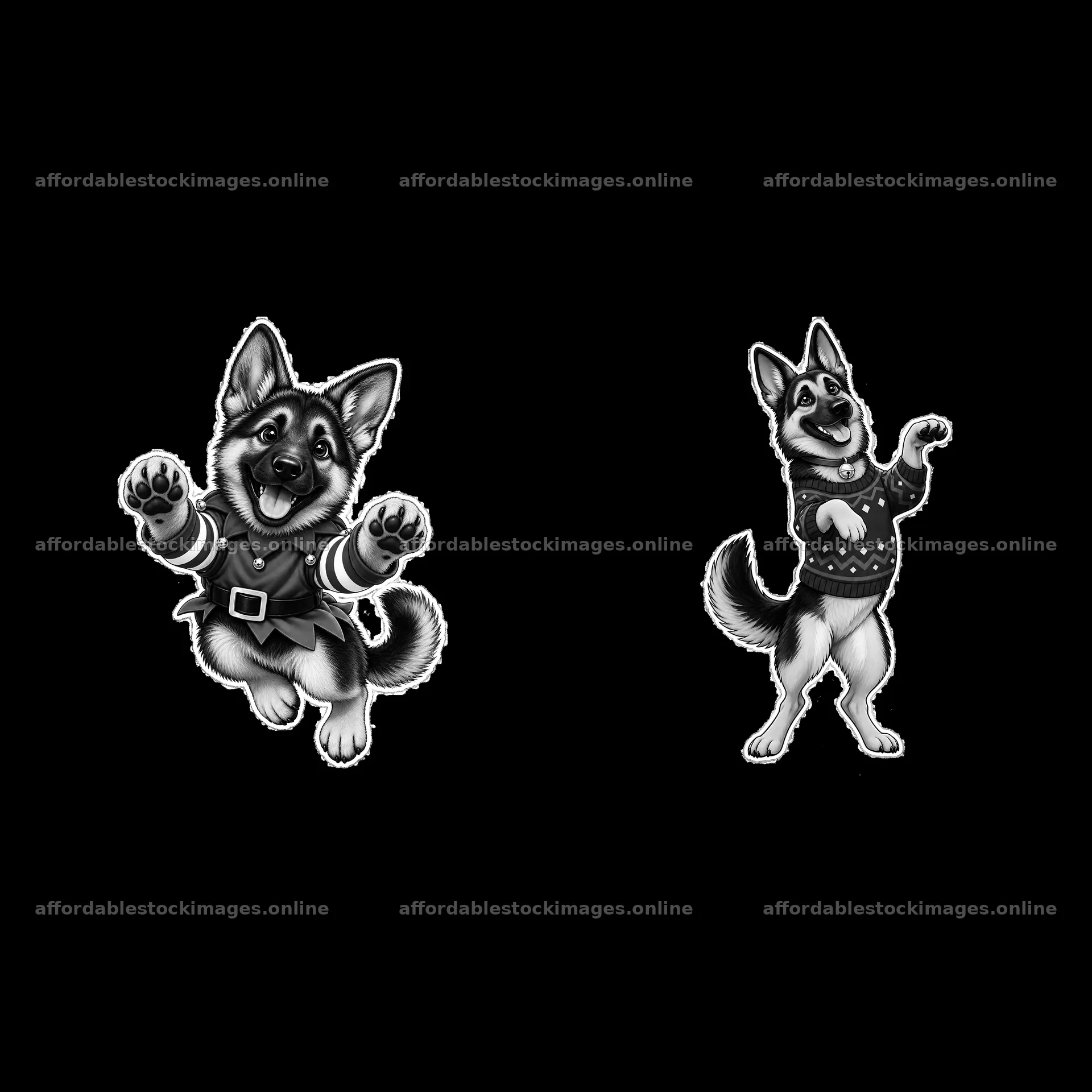 Christmas German Shepherds in festive outfits – stock images 7746x7746