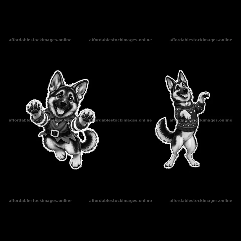 Christmas German Shepherds in festive outfits – stock images 7746x7746