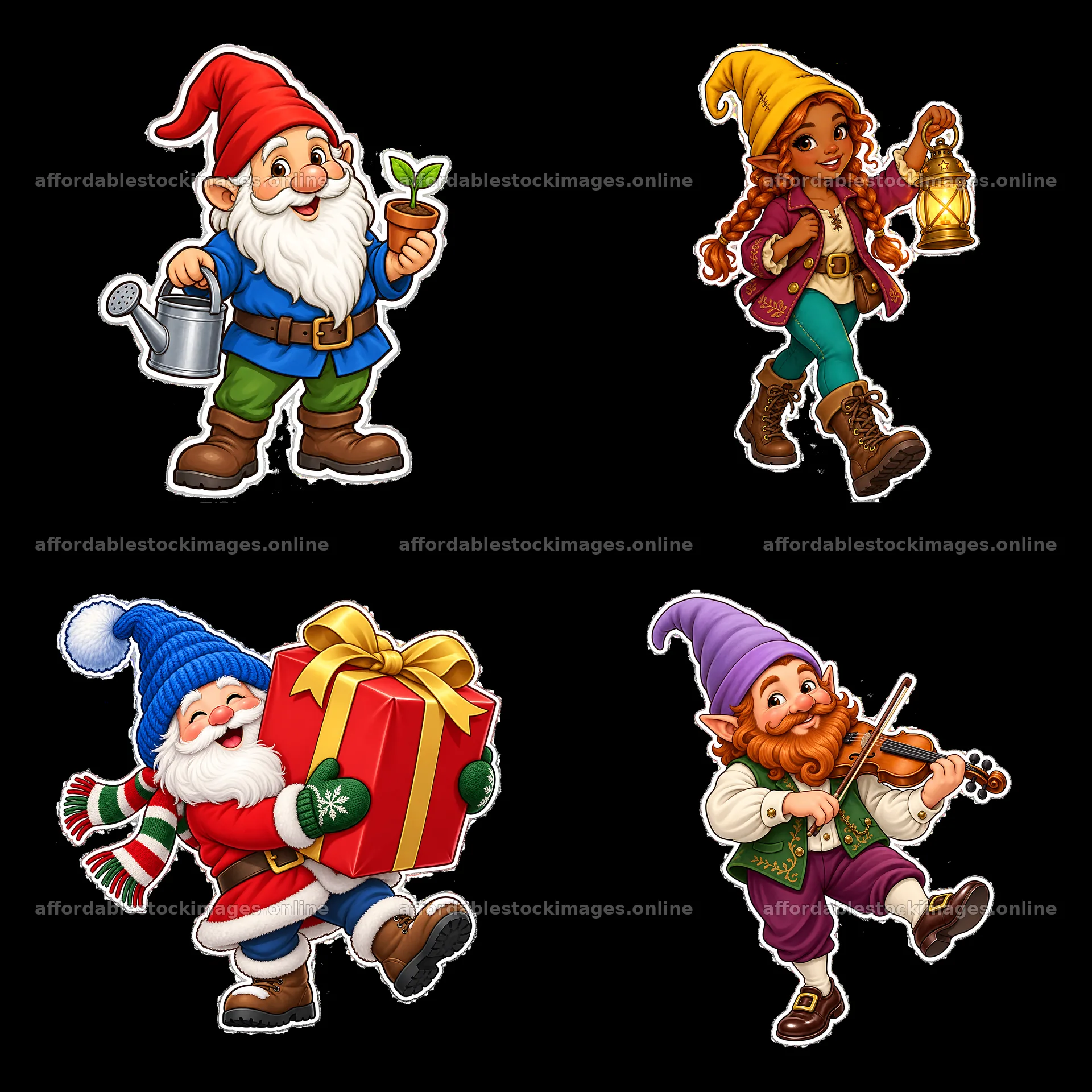 Four cheerful gnomes with gifts, plants, and lantern in a square – stock images 7746x7746
