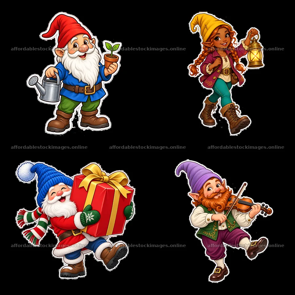 Four cheerful gnomes with gifts, plants, and lantern in a square – stock images 7746x7746