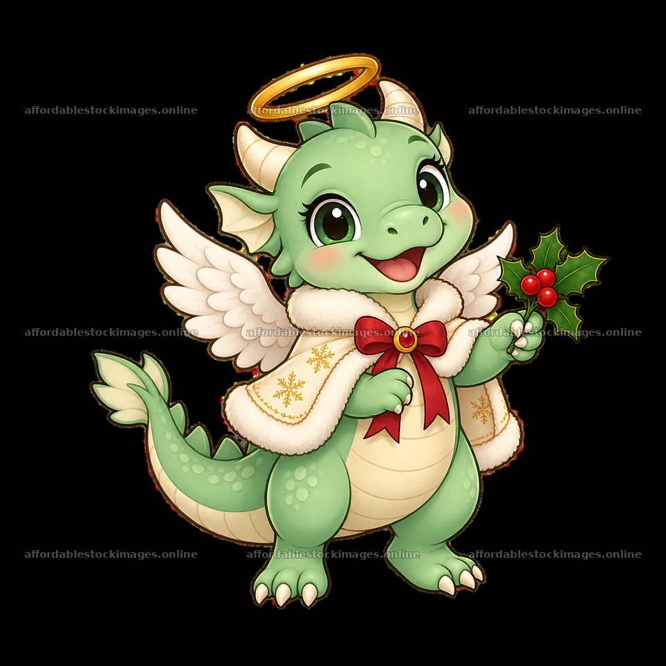 Christmas angel dragon with wings and holly decoration – stock images 7746x7746