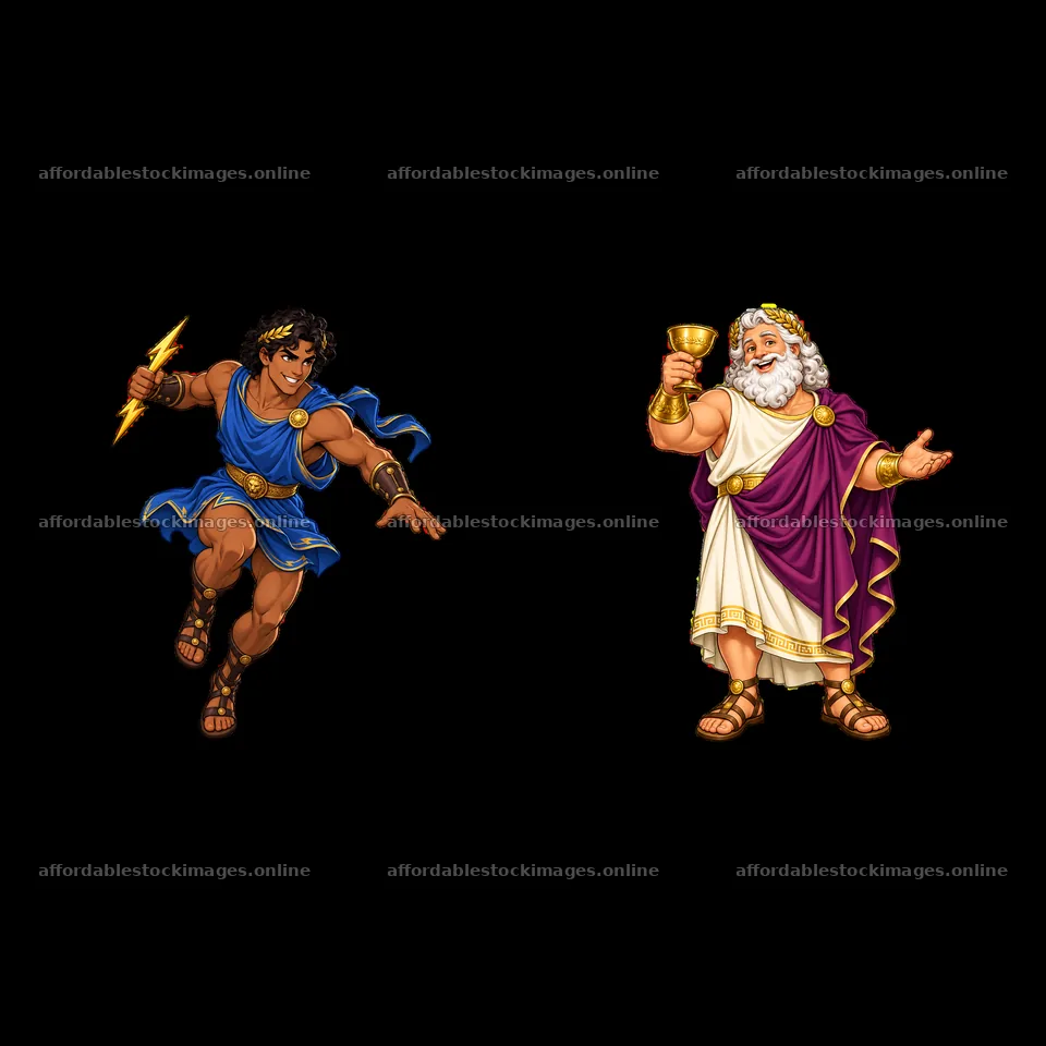 Zeus and his son Hermes in action with lightning and a chalice – stock images 7746x7746