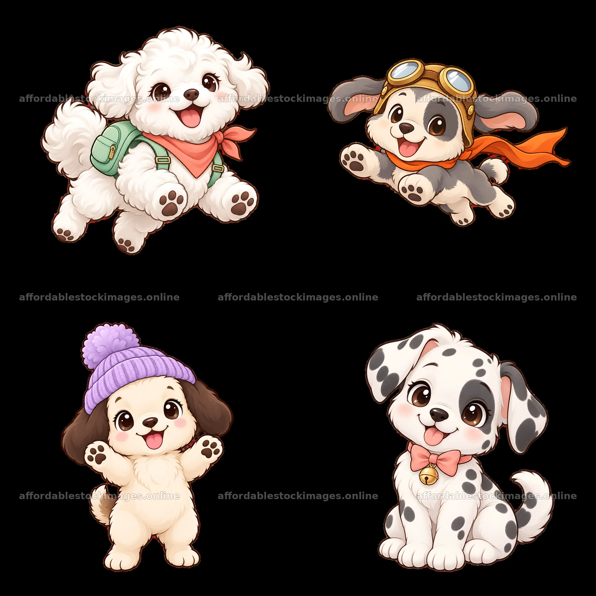 Cute dog cartoon stickers in a playful 2x2 layout – stock images 7746x7746